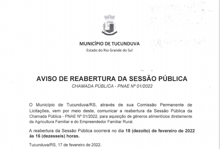 AVISO DE REABERTURA DA SESSÃO PÚBLICA  - CHAMADA PÚBLICA - PNAE Nº 01_2022 - AQUISIÇÃO DE GÊNEROS ALIMENTÍCIOS 